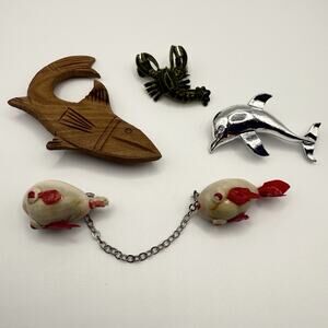 Vintage Fish Brooch Pin Lot Dolphin Lobster Silver Tone Wooden Scatter Pins